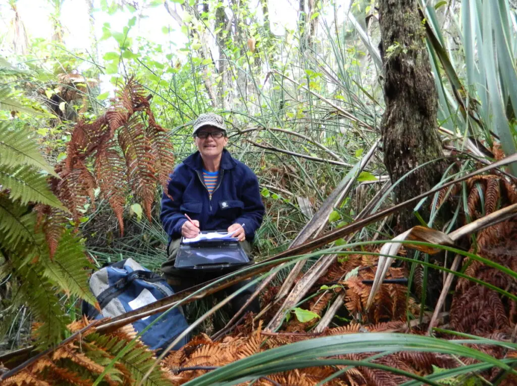 Person seated among lush ferns and foliage, taking notes with a clipboard, wearing a cap and a blue jacket in a vibrant natural setting.