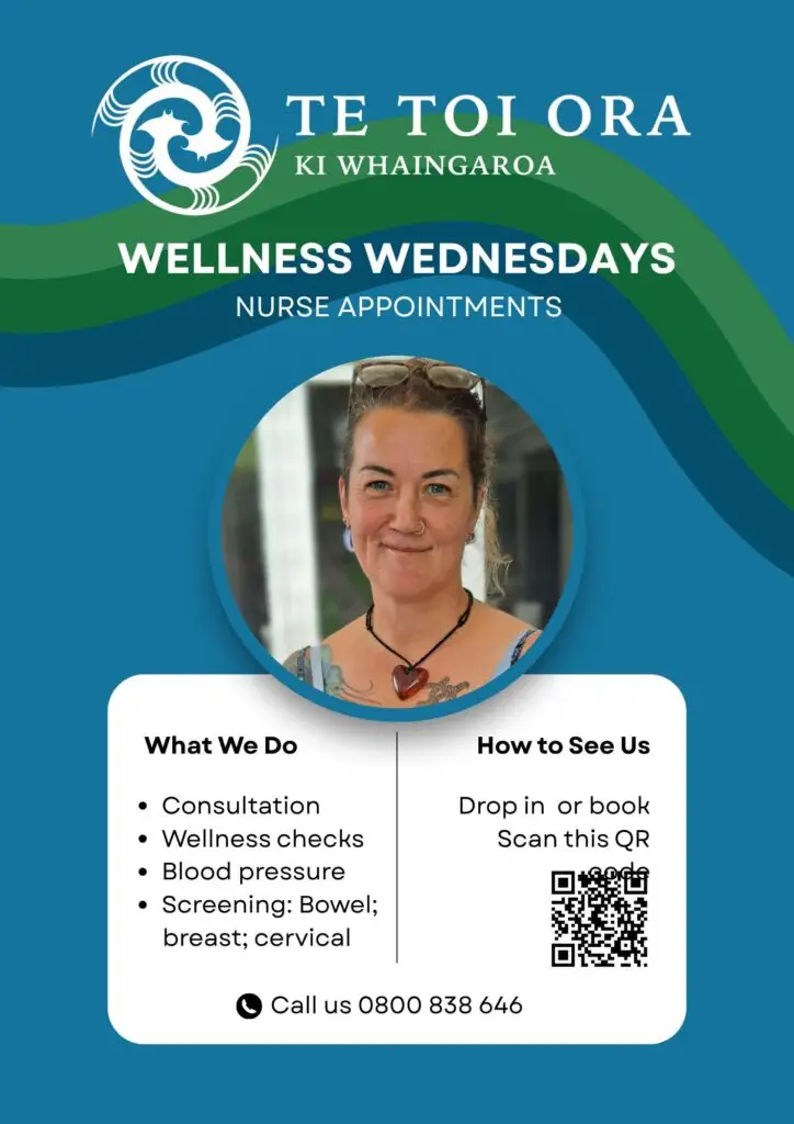Woman with dark hair wearing a necklace, promoting "Wellness Wednesdays" with details on nurse appointments and services offered.