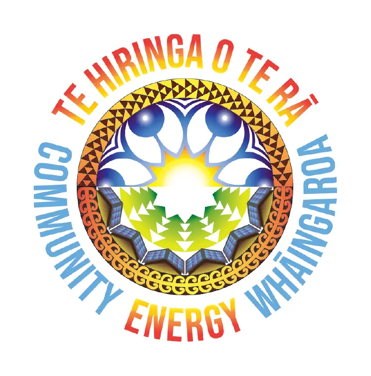 Circular logo featuring vibrant colors with a sun at the center, surrounded by stylized plants, solar panels, and decorative patterns. Text encircles the design in both Māori and English.