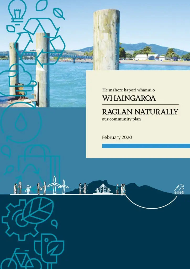 A coastal scene with wooden posts in the foreground, mountains in the background, and a blue sky, featuring community plan elements.