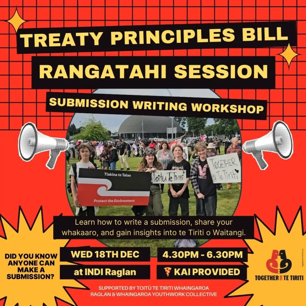 Workshop flyer featuring bold text in red and black on a light background. Highlights: Treaty Principles Bill, Rangatahi Session, submission writing details, and location. Icons indicate support and meal provided.