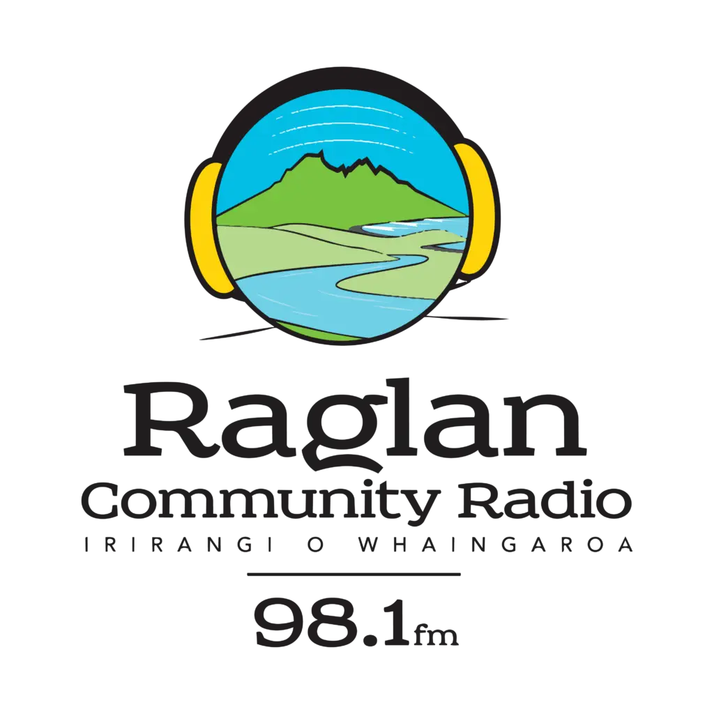 Logo of Raglan Community Radio featuring a mountainous landscape and river within a circular design, with headphones, and text below.